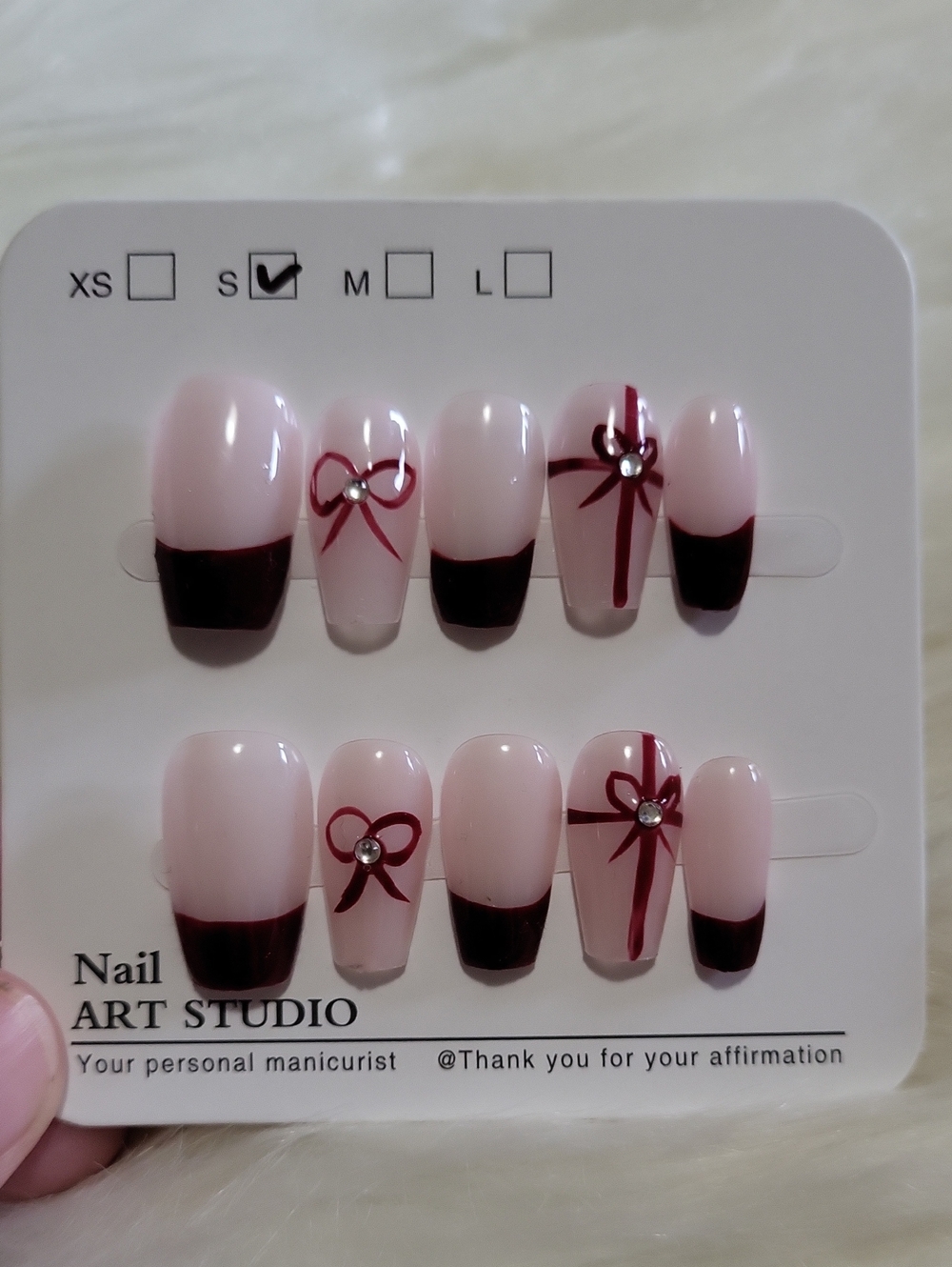 (S)🎀Premium Nail Art Pink/Red Bow Coffin Style w/ Rhinestone Press On Nails